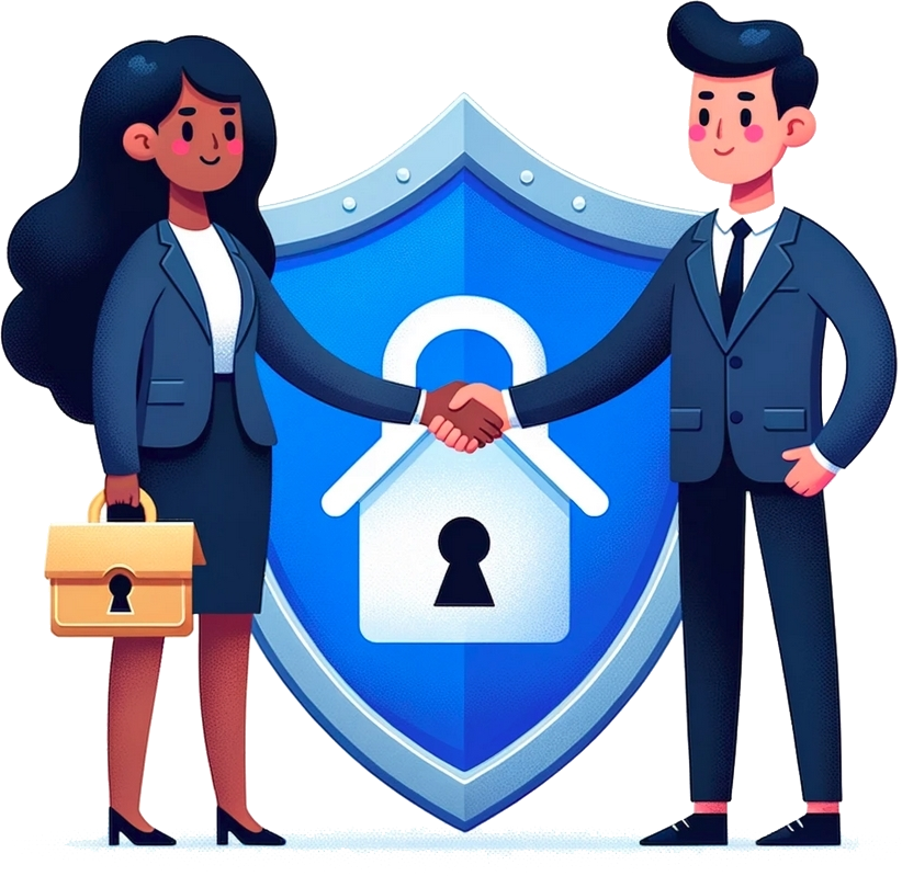 Two people shaking hands with secure shield behind them