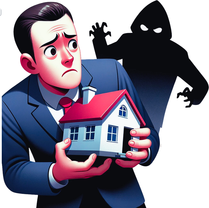 Man holding a small house with dark figure behind him