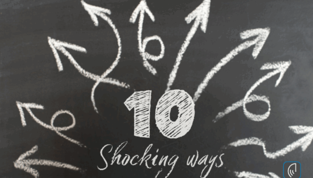 Chalkboard with arrows pointing outward, emphasizing the text '10 Shocking Ways,' representing various identity theft methods.
