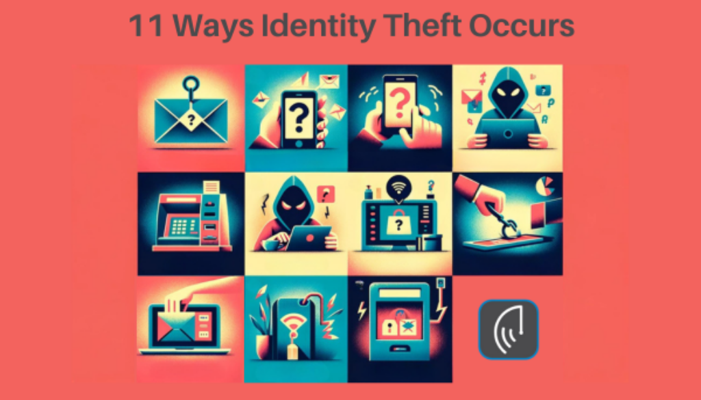 An image divided into 11 distinct sections, each representing a different method of identity theft, depicted without text or numbers, and using a specific color scheme