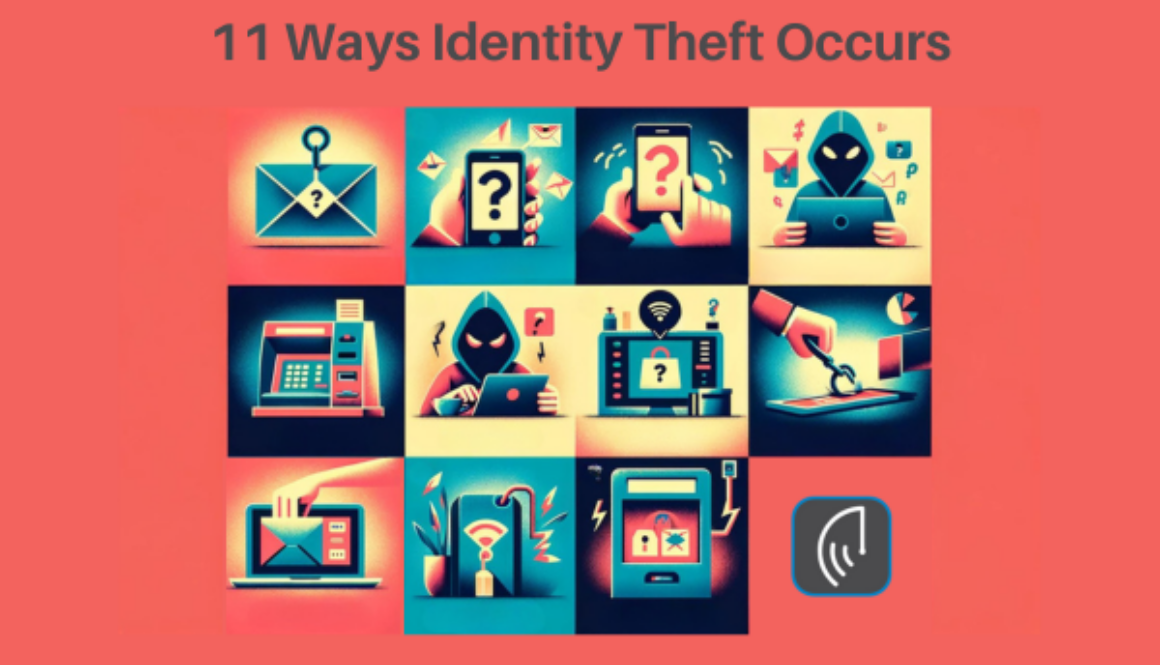 An image divided into 11 distinct sections, each representing a different method of identity theft, depicted without text or numbers, and using a specific color scheme