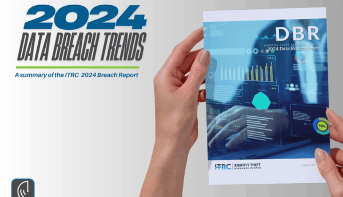 Hands holding the 2024 Data Breach Report by the Identity Theft Resource Center (ITRC), featuring a cover with cybersecurity graphics and data visualizations.