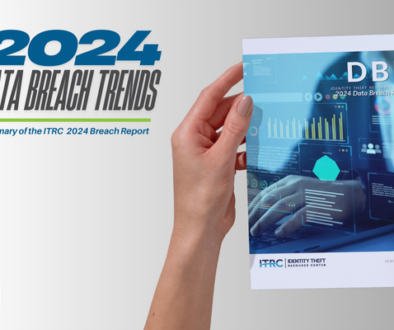 Hands holding the 2024 Data Breach Report by the Identity Theft Resource Center (ITRC), featuring a cover with cybersecurity graphics and data visualizations.