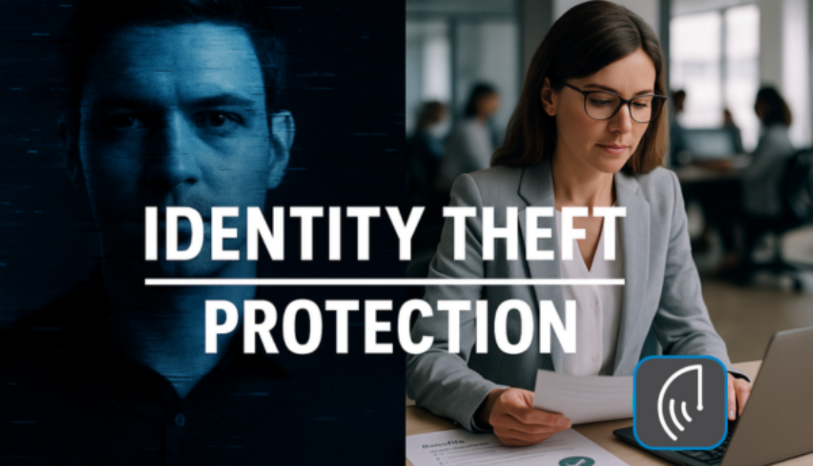 Split-screen image showing two contrasting sides: on the left, a glitchy, shadowed male face representing a digital identity theft threat; on the right, a professional woman in an office reviewing documents on her laptop, with a green checkmark icon symbolizing security and protection.