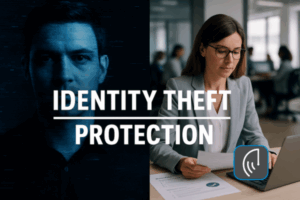 Split-screen image showing two contrasting sides: on the left, a glitchy, shadowed male face representing a digital identity theft threat; on the right, a professional woman in an office reviewing documents on her laptop, with a green checkmark icon symbolizing security and protection.