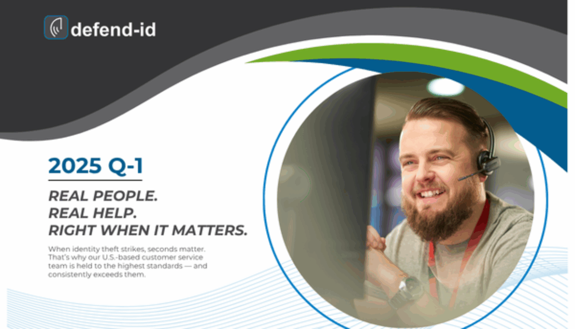 Customer service representative wearing a headset, smiling while assisting a caller, featured in defend-id's 2025 Q1 identity theft protection report.