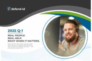 Customer service representative wearing a headset, smiling while assisting a caller, featured in defend-id's 2025 Q1 identity theft protection report.