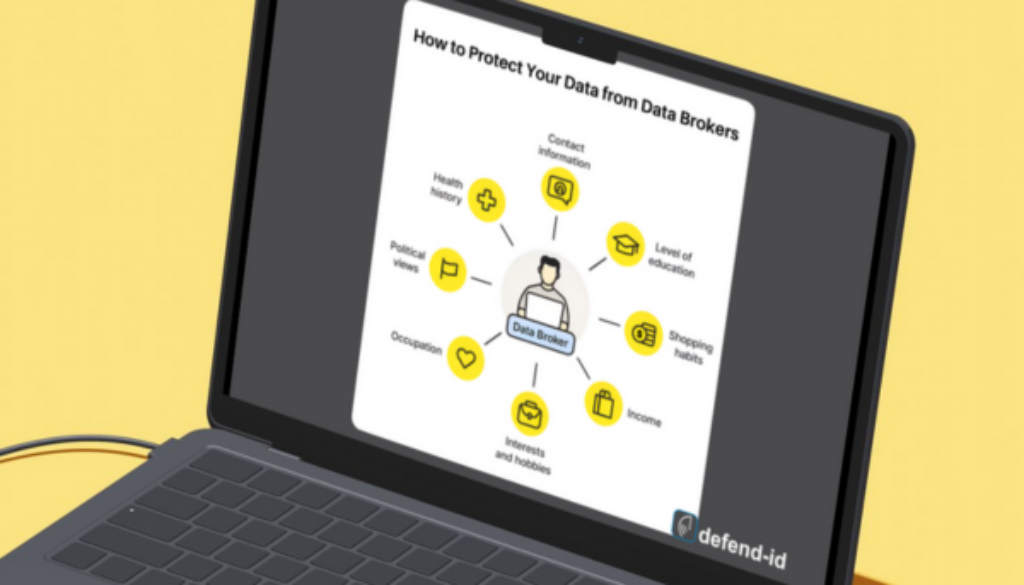 Laptop screen displaying an infographic titled "How to Protect Your Data from Data Brokers" with various data categories such as contact information, health history, political views, occupation, interests and hobbies, income, shopping habits, and level of education, connected to a central figure labeled "Data Broker."