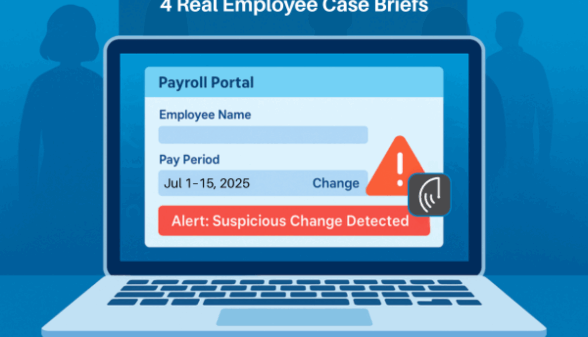 Workplace identity theft warning on payroll portal showing pay period Jul 1–15, 2025 and suspicious change alert.