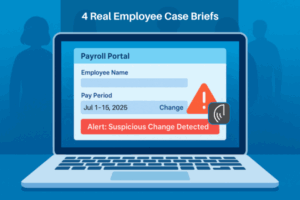 Workplace identity theft warning on payroll portal showing pay period Jul 1–15, 2025 and suspicious change alert.