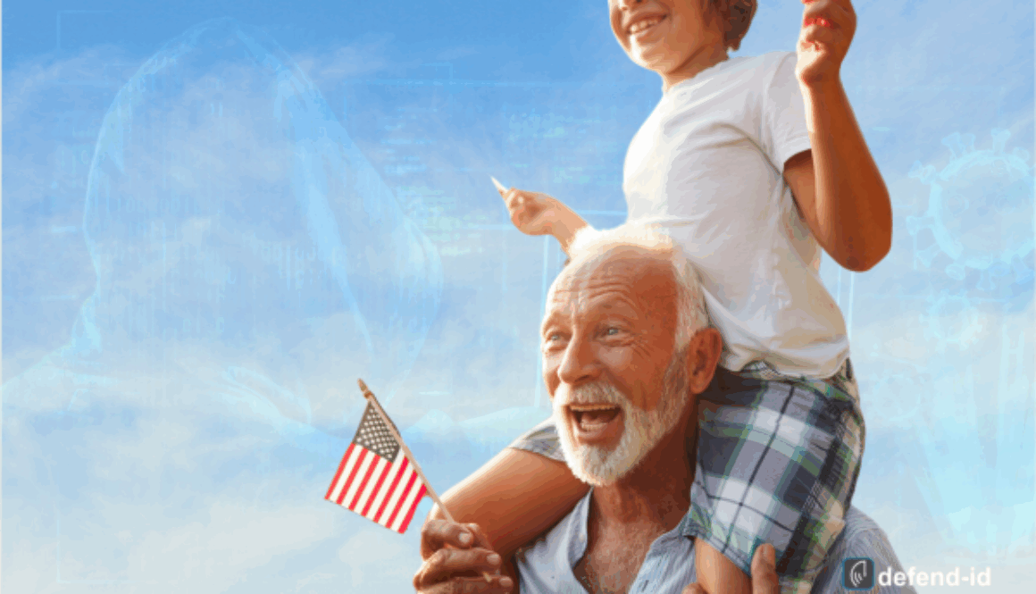 Grandfather and grandson celebrating 4th of July with an American flag, with a faint image of a hooded figure representing a scammer in the background.