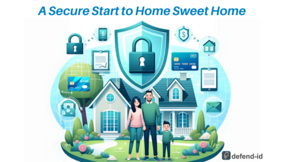 This illustration captures the essence of the home buying journey, emphasizing the importance of safeguarding one's identity. A joyful family stands before their dream home, surrounded by digital elements representing the online mortgage process. Dominating the scene is a protective shield with a lock, symbolizing the robust defense against potential identity theft threats. The calming blues and greens of the image reassure viewers, highlighting the safety and trust integral to a secure home buying experience.