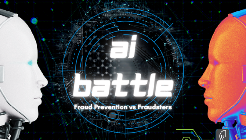 Futuristic AI battle illustration showing a face-off between a white AI bot representing fraud prevention and an orange AI bot symbolizing fraudsters, with digital elements and a cyber-themed background.
