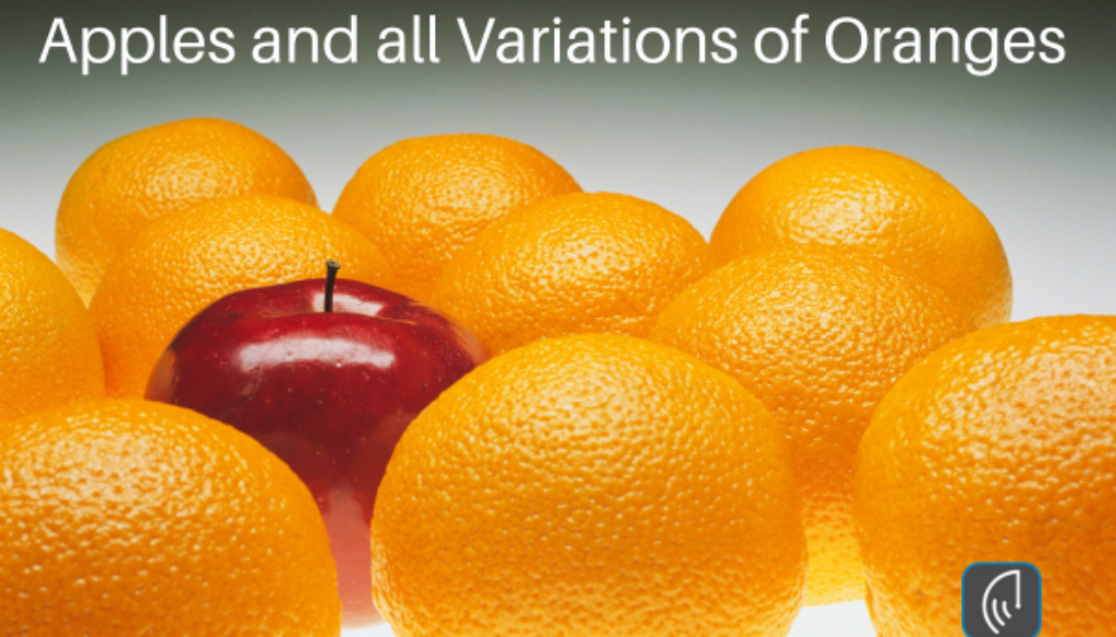 "Header image featuring one red apple in the center, surrounded by several oranges, with the text 'Apples and all Variations of Oranges'."