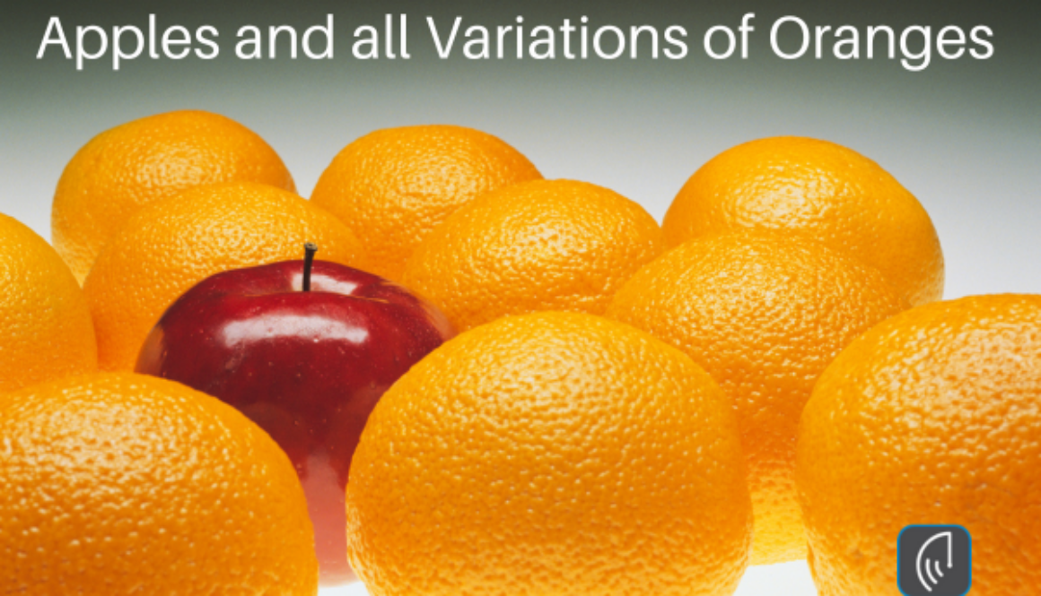 "Header image featuring one red apple in the center, surrounded by several oranges, with the text 'Apples and all Variations of Oranges'."