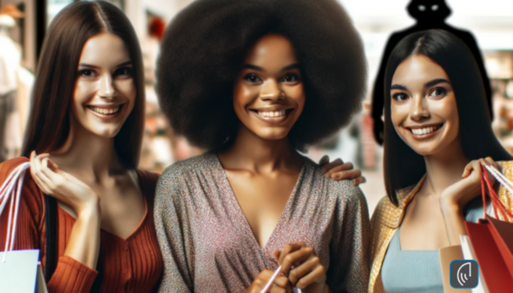 A diverse group of women joyfully shopping together in a retail store, embodying a cheerful and sociable atmosphere. In the background, a shadowy figure subtly adds a sense of unseen danger, reminding viewers of the need for vigilance during such outings.
