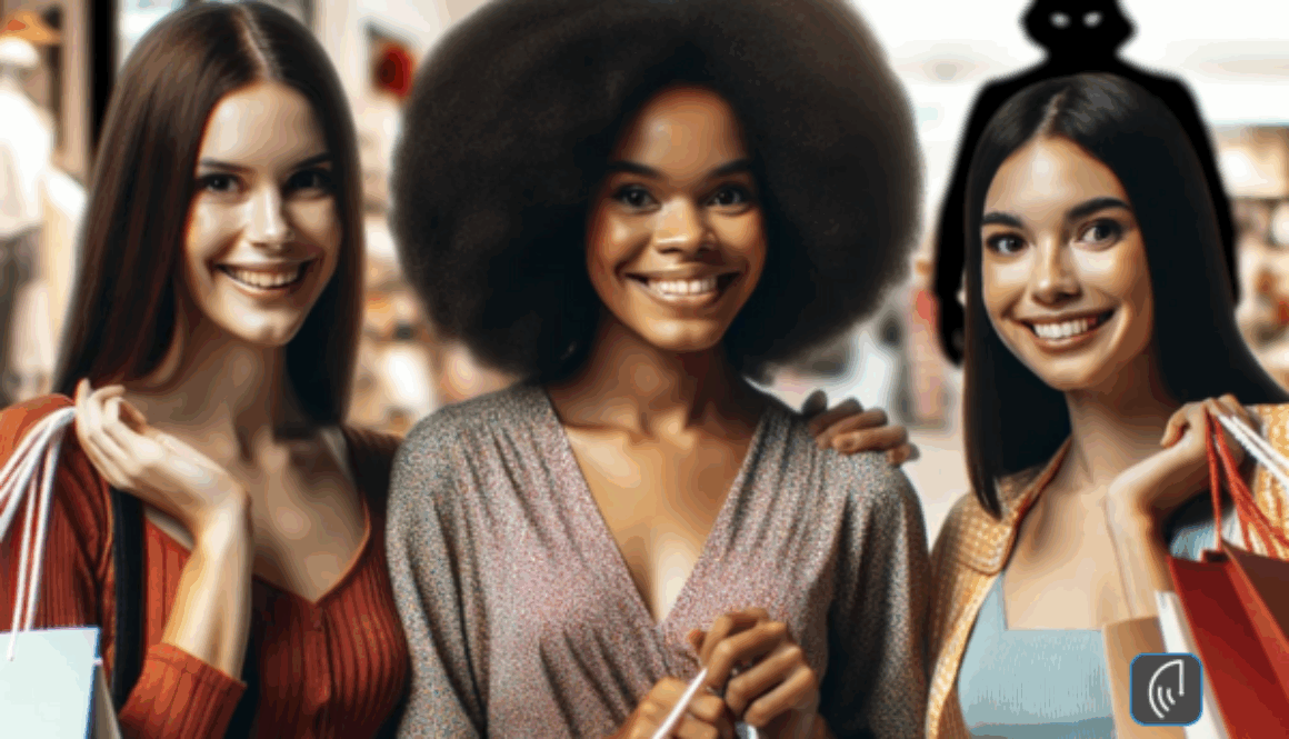 A diverse group of women joyfully shopping together in a retail store, embodying a cheerful and sociable atmosphere. In the background, a shadowy figure subtly adds a sense of unseen danger, reminding viewers of the need for vigilance during such outings.