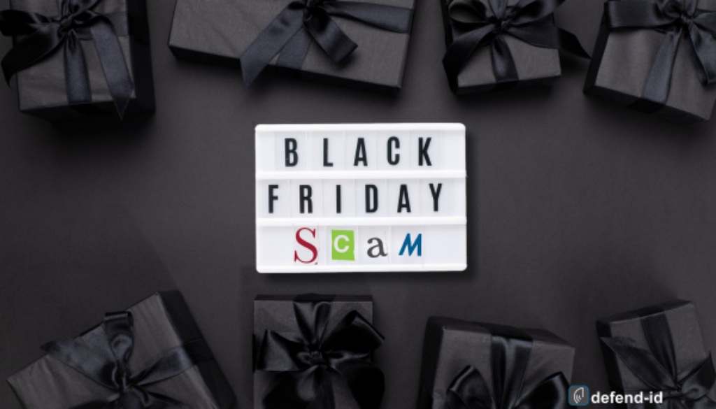 Black Friday Scam sign surrounded by black gift boxes symbolizing the dangers of online scams during the holiday shopping season.