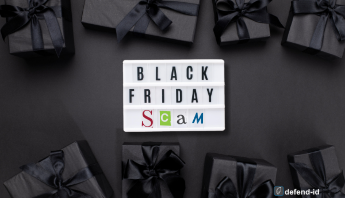 Black Friday Scam sign surrounded by black gift boxes symbolizing the dangers of online scams during the holiday shopping season.