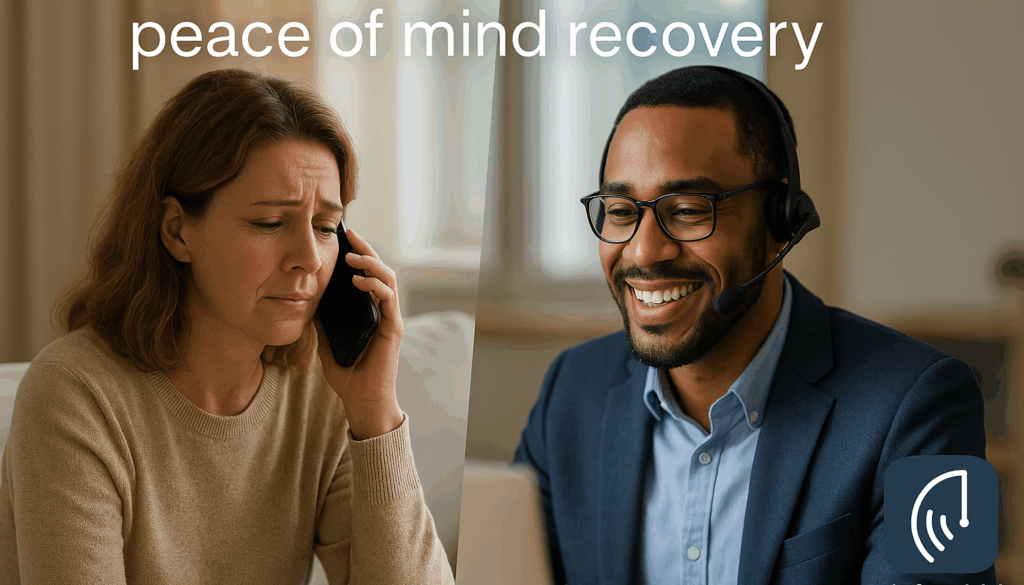 Split-screen image showing a concerned woman on the phone at home and a smiling Recovery Advocate with a headset offering support, representing peace of mind recovery from identity theft.