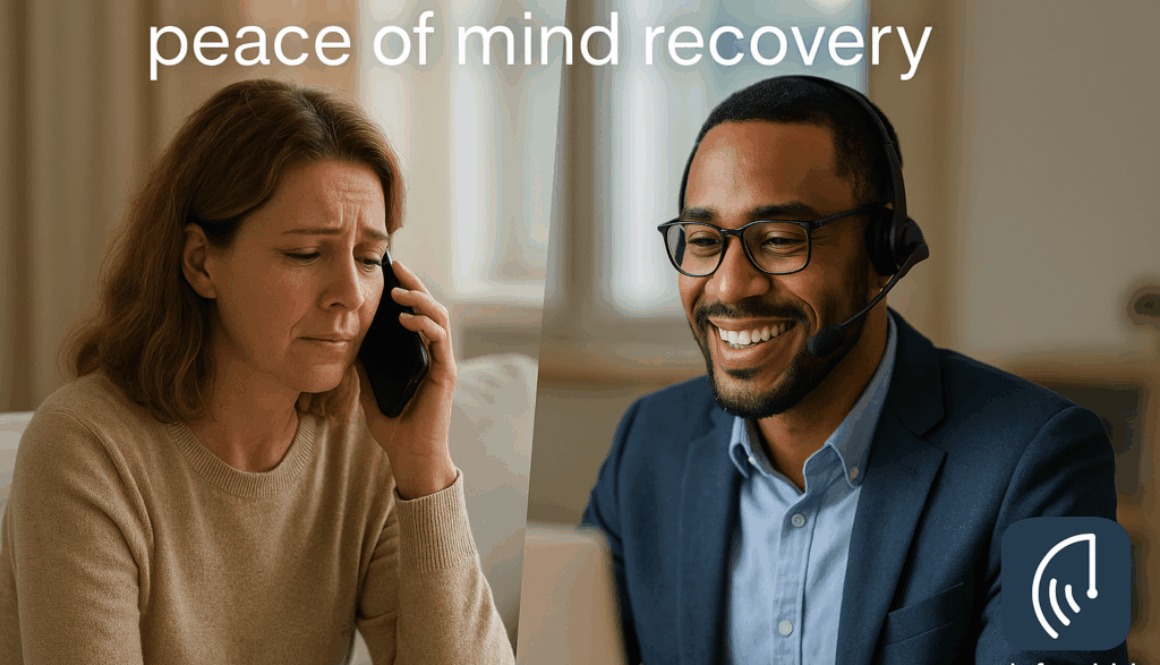 Split-screen image showing a concerned woman on the phone at home and a smiling Recovery Advocate with a headset offering support, representing peace of mind recovery from identity theft.