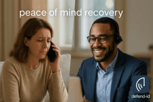 Split-screen image showing a concerned woman on the phone at home and a smiling Recovery Advocate with a headset offering support, representing peace of mind recovery from identity theft.
