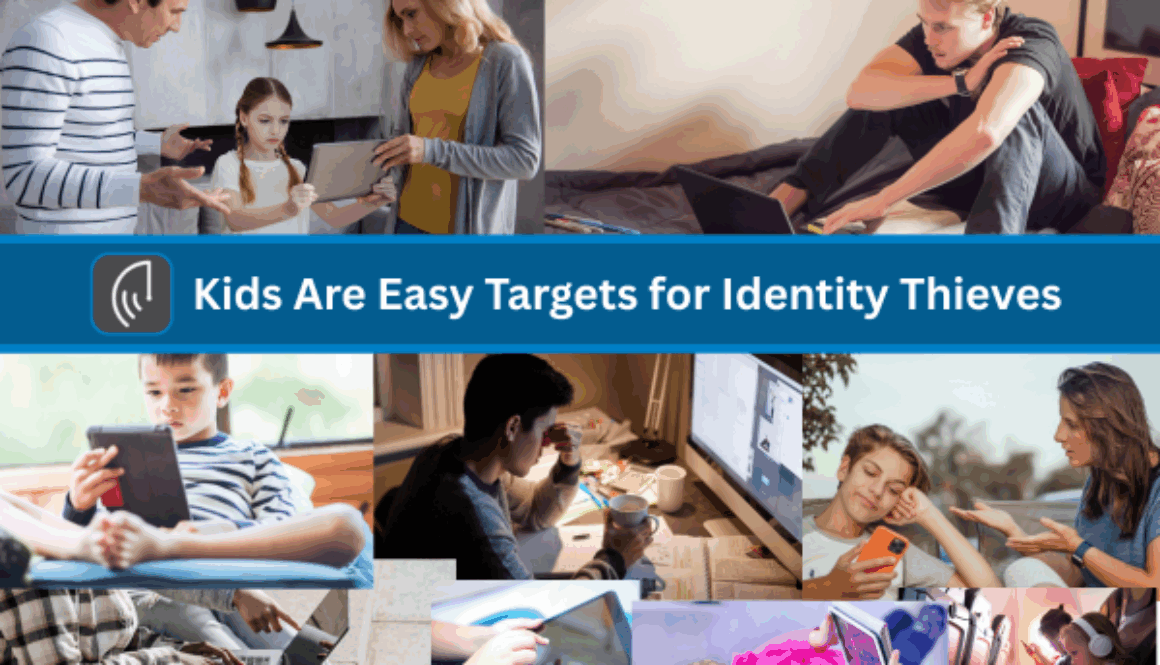 Children and teens using tablets, smartphones, and laptops in various home and school settings, overlaid with the headline “Kids Are Easy Targets for Identity Thieves.”