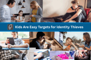 Children and teens using tablets, smartphones, and laptops in various home and school settings, overlaid with the headline “Kids Are Easy Targets for Identity Thieves.”