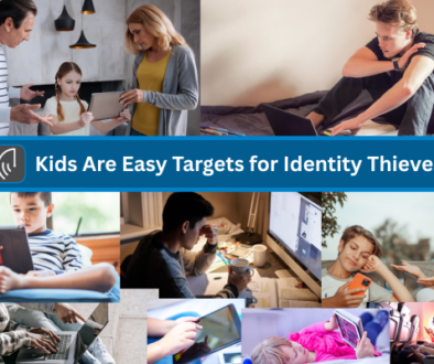 Children and teens using tablets, smartphones, and laptops in various home and school settings, overlaid with the headline “Kids Are Easy Targets for Identity Thieves.”
