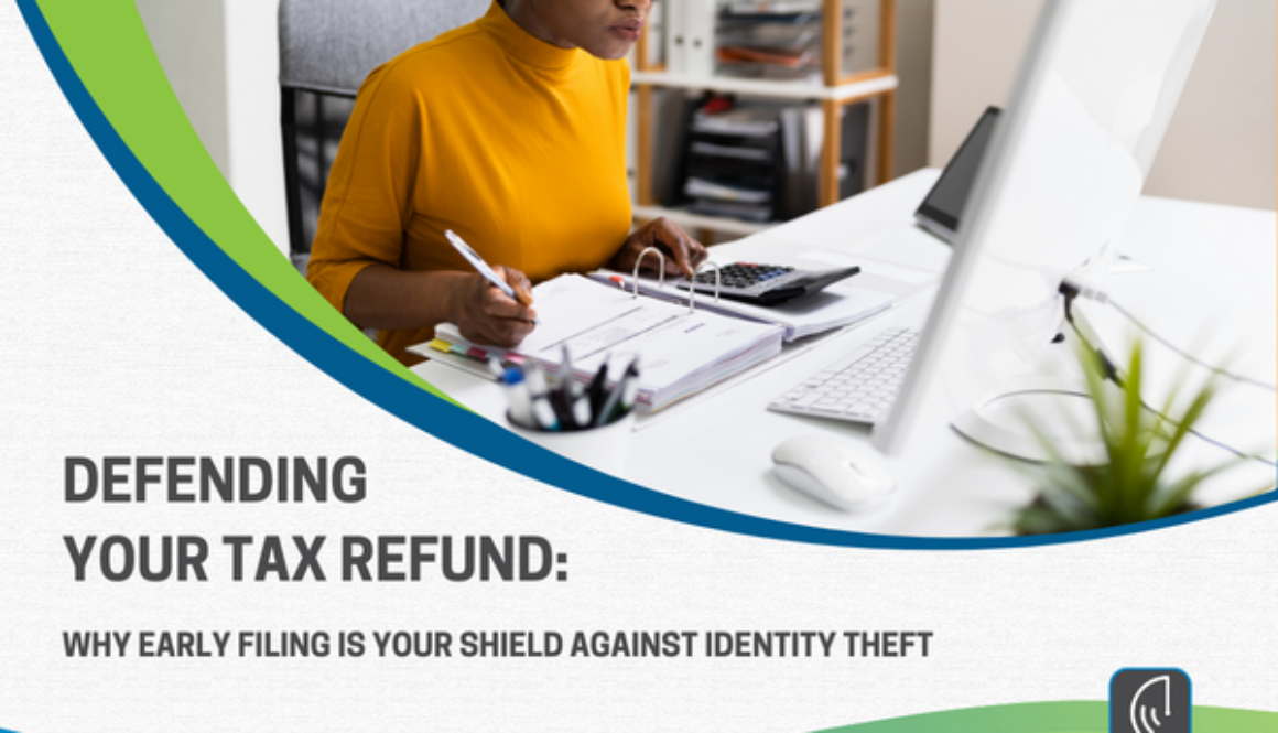 A person is diligently working on their tax filing at a desk with a computer, emphasizing the importance of early tax filing as a defense against identity theft.” This description can be effectively used to illustrate the proactive approach of individuals who prioritize early tax filing, aligning with the article’s emphasis on this practice as a primary defense against tax identity theft. The focused demeanor of the individual in the image underscores the seriousness and urgency of safeguarding one’s personal information during tax season.