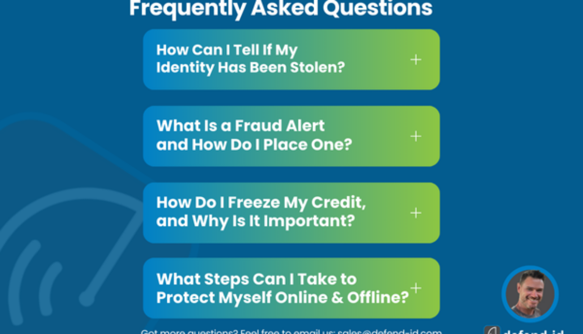 Frequently Asked Questions about identity theft protection displayed in a blue and green graphic. Questions include how to detect identity theft, set up fraud alerts, freeze credit, and protect personal data online and offline.