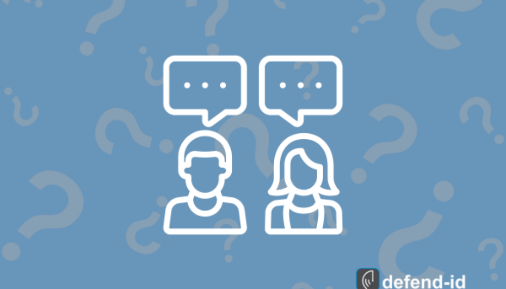 Blue graphic with question-mark pattern featuring white outline icons of a man and woman with speech bubbles, plus the defend-id logo.