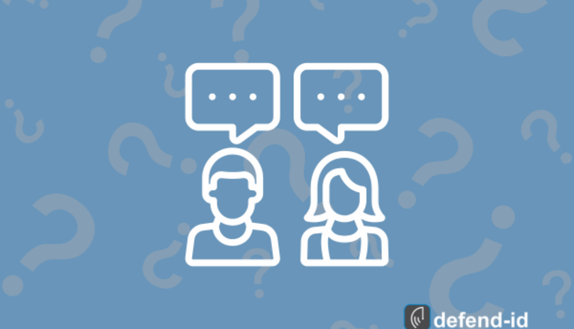 Blue graphic with question-mark pattern featuring white outline icons of a man and woman with speech bubbles, plus the defend-id logo.
