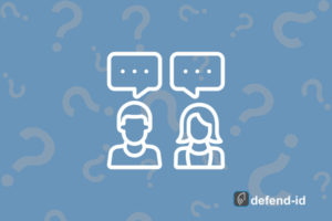 Blue graphic with question-mark pattern featuring white outline icons of a man and woman with speech bubbles, plus the defend-id logo.