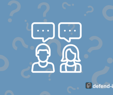 Blue graphic with question-mark pattern featuring white outline icons of a man and woman with speech bubbles, plus the defend-id logo.