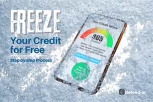 A smartphone screen displaying a credit score of 805 is shown encased in ice, with text reading ‘Freeze Your Credit for Free: Step by Step Process’ and a defend-id logo in the corner.