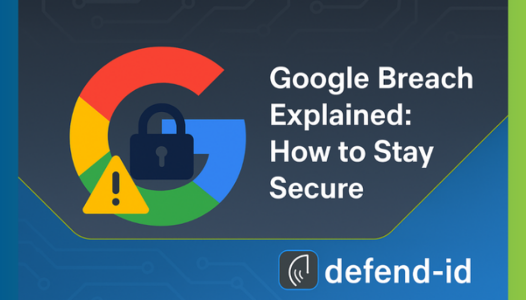 Google breach header image showing Google logo with padlock and warning sign, blog title text, and defend-id logo.