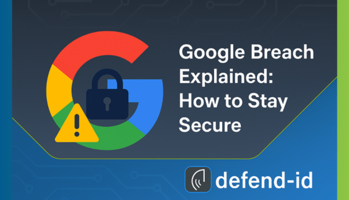 Google breach header image showing Google logo with padlock and warning sign, blog title text, and defend-id logo.
