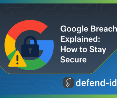Google breach header image showing Google logo with padlock and warning sign, blog title text, and defend-id logo.