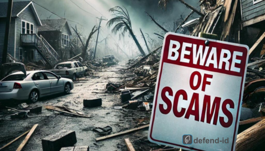 Devastated neighborhood after a hurricane with debris scattered around, damaged homes, and a prominent 'Beware of Scams' sign warning of fraud targeting disaster victims.