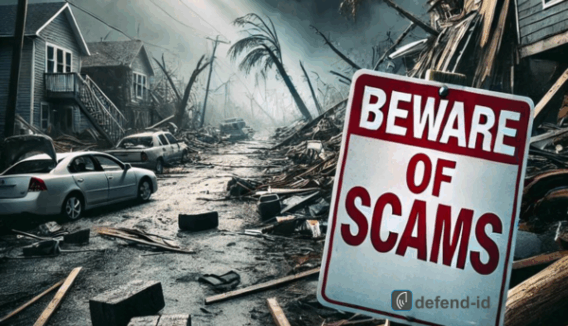 Devastated neighborhood after a hurricane with debris scattered around, damaged homes, and a prominent 'Beware of Scams' sign warning of fraud targeting disaster victims.