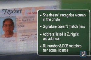 Fraudulent Texas driver’s license for Ileana Zuniga with a mismatched photo and signature, alongside a bullet list noting the real SSN and DOB but incorrect image and address.