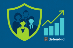 Flat illustration of diverse employees inside a lime-green shield next to an upward bar chart and defend-id logo—symbolizing the ROI of offering identity-theft protection as a voluntary benefit.