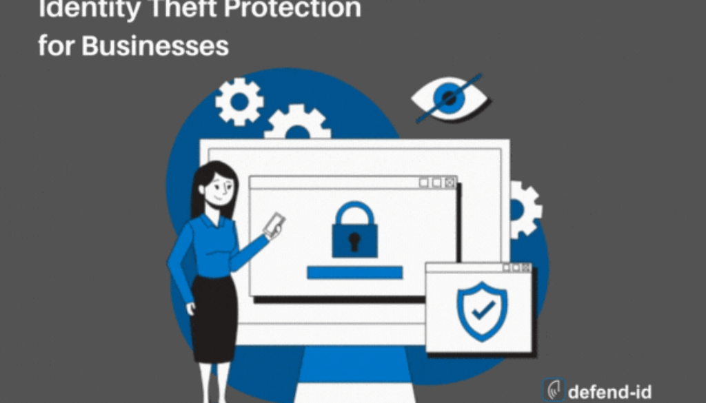 Animated GIF showcasing a female professional pointing to a computer screen with a security lock icon, alongside other symbols like a shield and an eye within a gear, indicating comprehensive identity theft protection for businesses by defend-id."