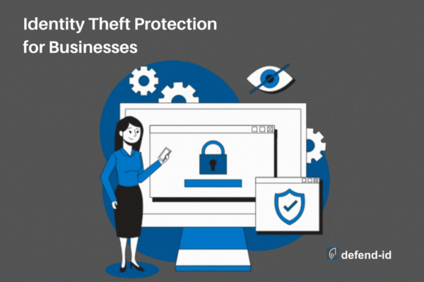 Animated GIF showcasing a female professional pointing to a computer screen with a security lock icon, alongside other symbols like a shield and an eye within a gear, indicating comprehensive identity theft protection for businesses by defend-id."