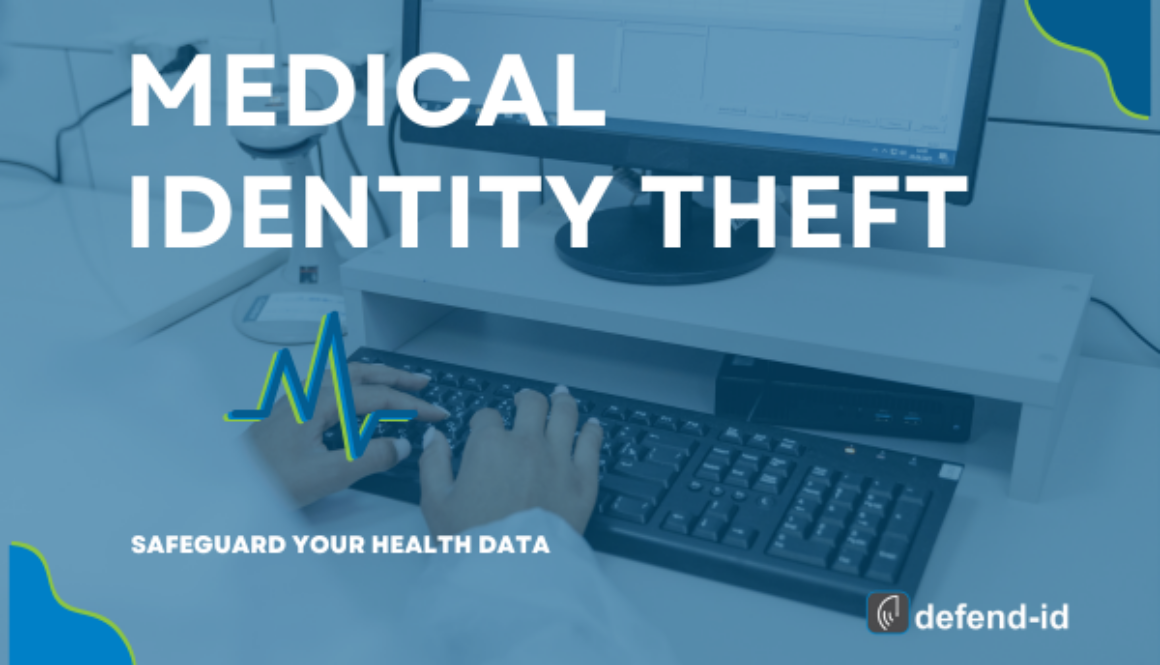 Healthcare professional typing on a computer with the words ‘Medical Identity Theft: Safeguard Your Health Data’ displayed, highlighting the need for protecting personal health information.