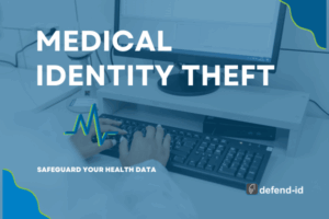 Healthcare professional typing on a computer with the words ‘Medical Identity Theft: Safeguard Your Health Data’ displayed, highlighting the need for protecting personal health information.