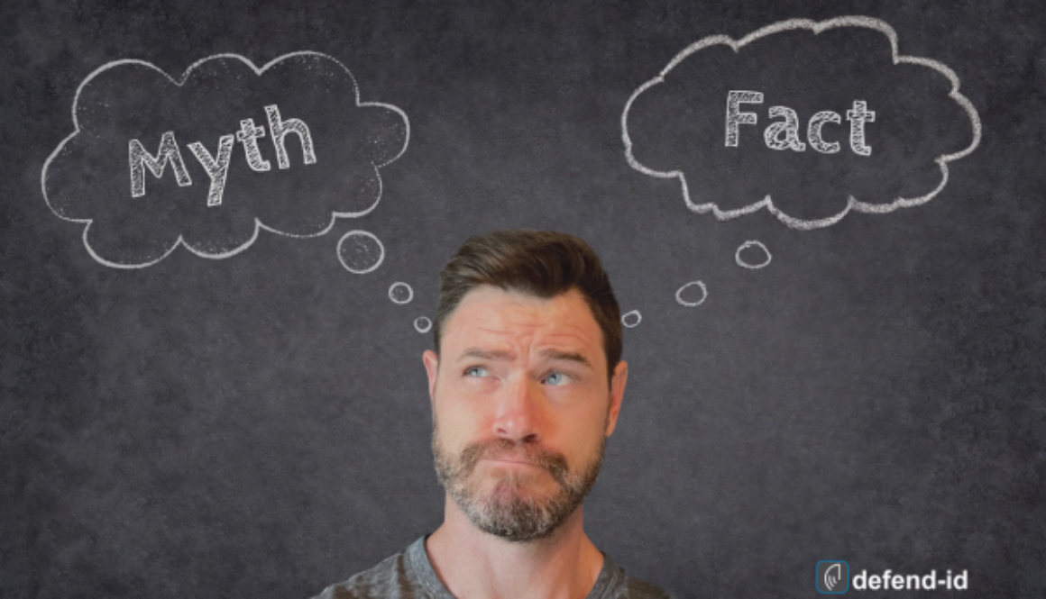 author standing in front of a chalkboard looking at thought bubbles. one bubble showing the word myth and the other showing the word fact