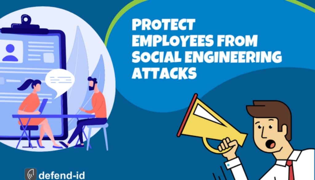 Stylized illustration showing an HR professional meeting with an employee, alongside a figure with a megaphone and text reading ‘Protect Employees from Social Engineering Attacks.