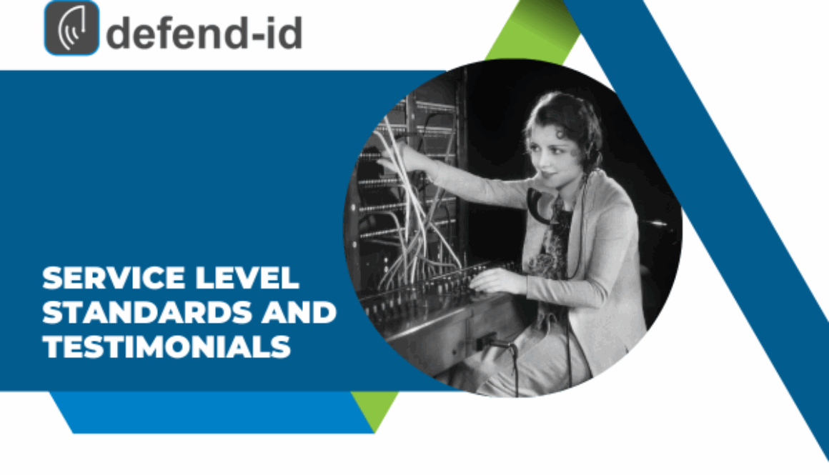 Promotional graphic for defend-id featuring a vintage black and white photo of a woman working on a telephone switchboard, with text stating 'SERVICE LEVEL STANDARDS AND TESTIMONIALS'